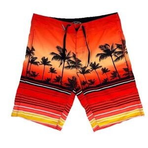 Palm Wave Board Shorts Mens 34 Orange Striped Palm Tree Tropical